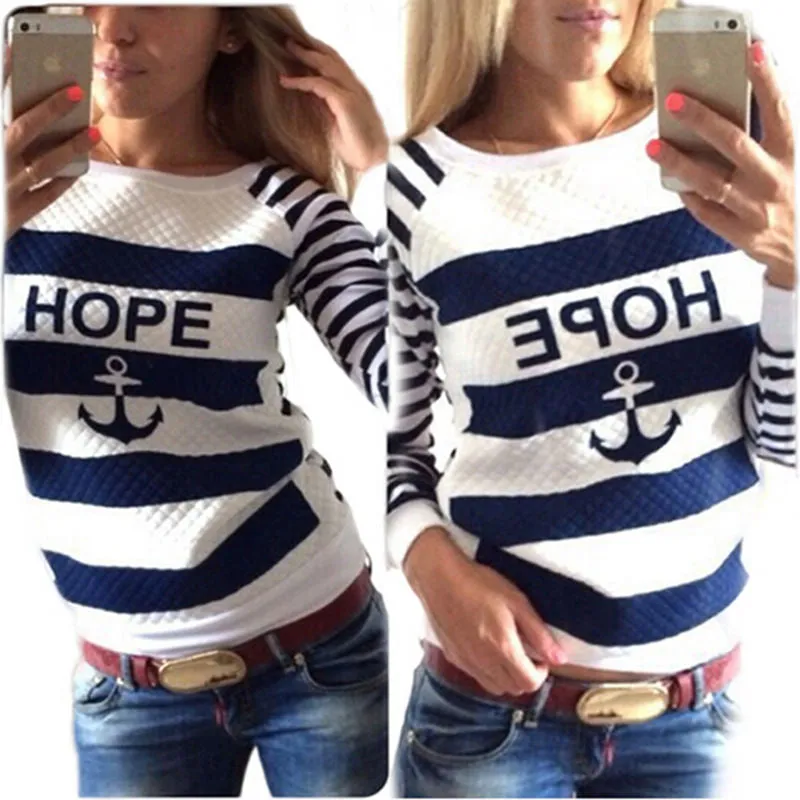 Women Long Sleeve Anchor Printed Hoodies Striped Causal Letter Women Pullover Sweatshirts Tracksuits Suit Tops S-XL SM6