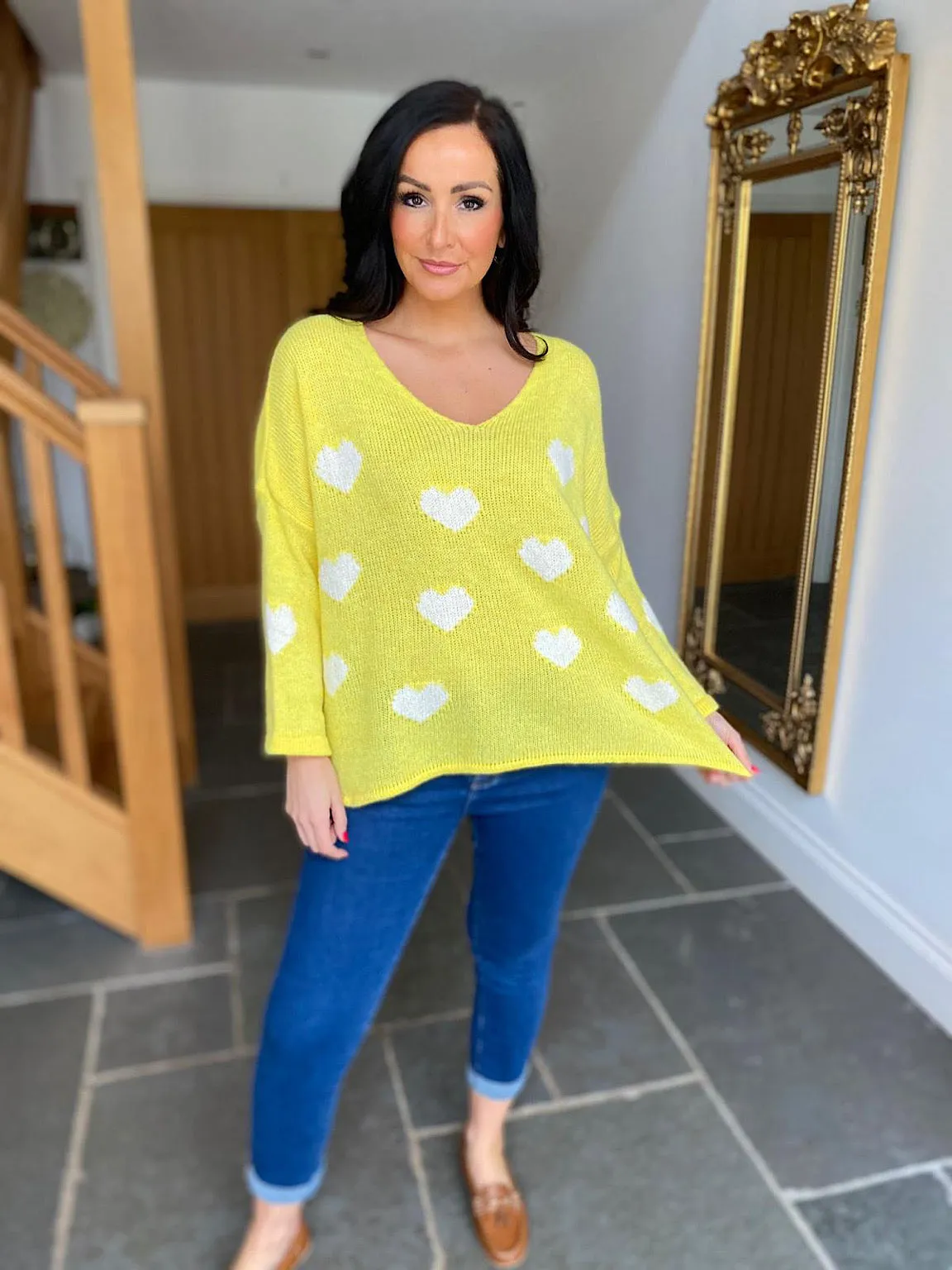 Yellow V Neck Multi Heart Knit Kerry