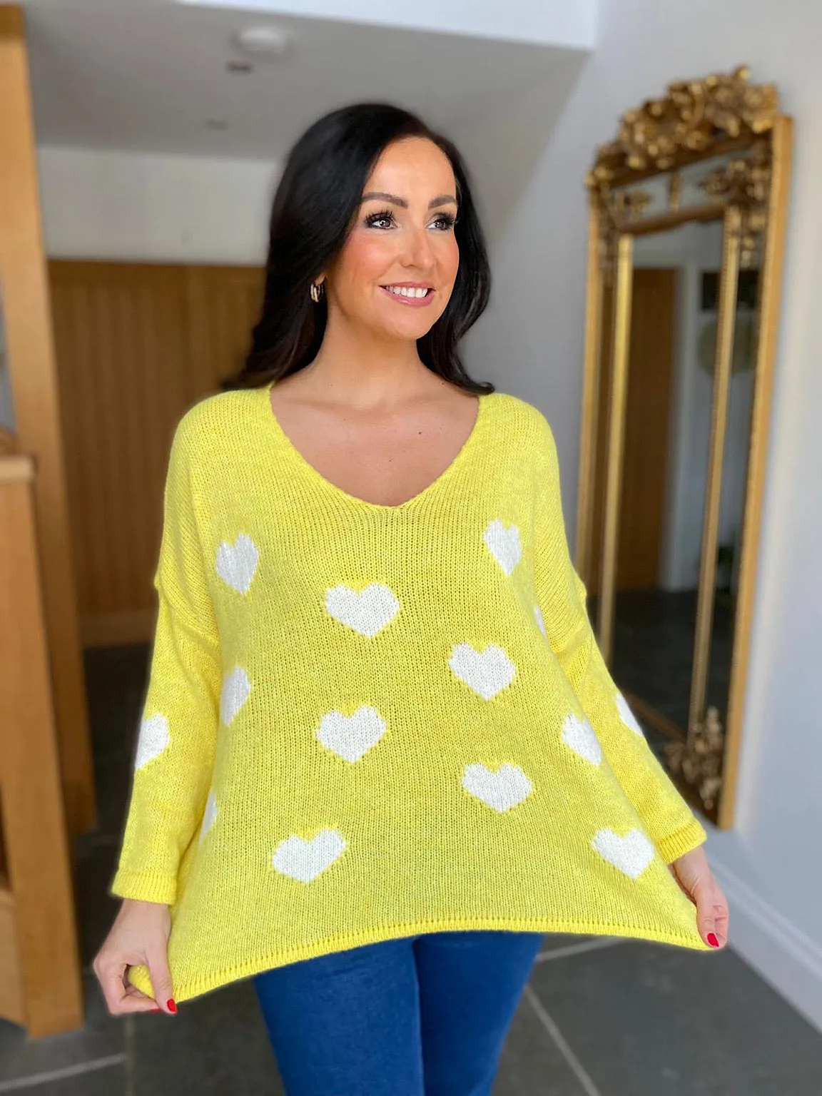 Yellow V Neck Multi Heart Knit Kerry