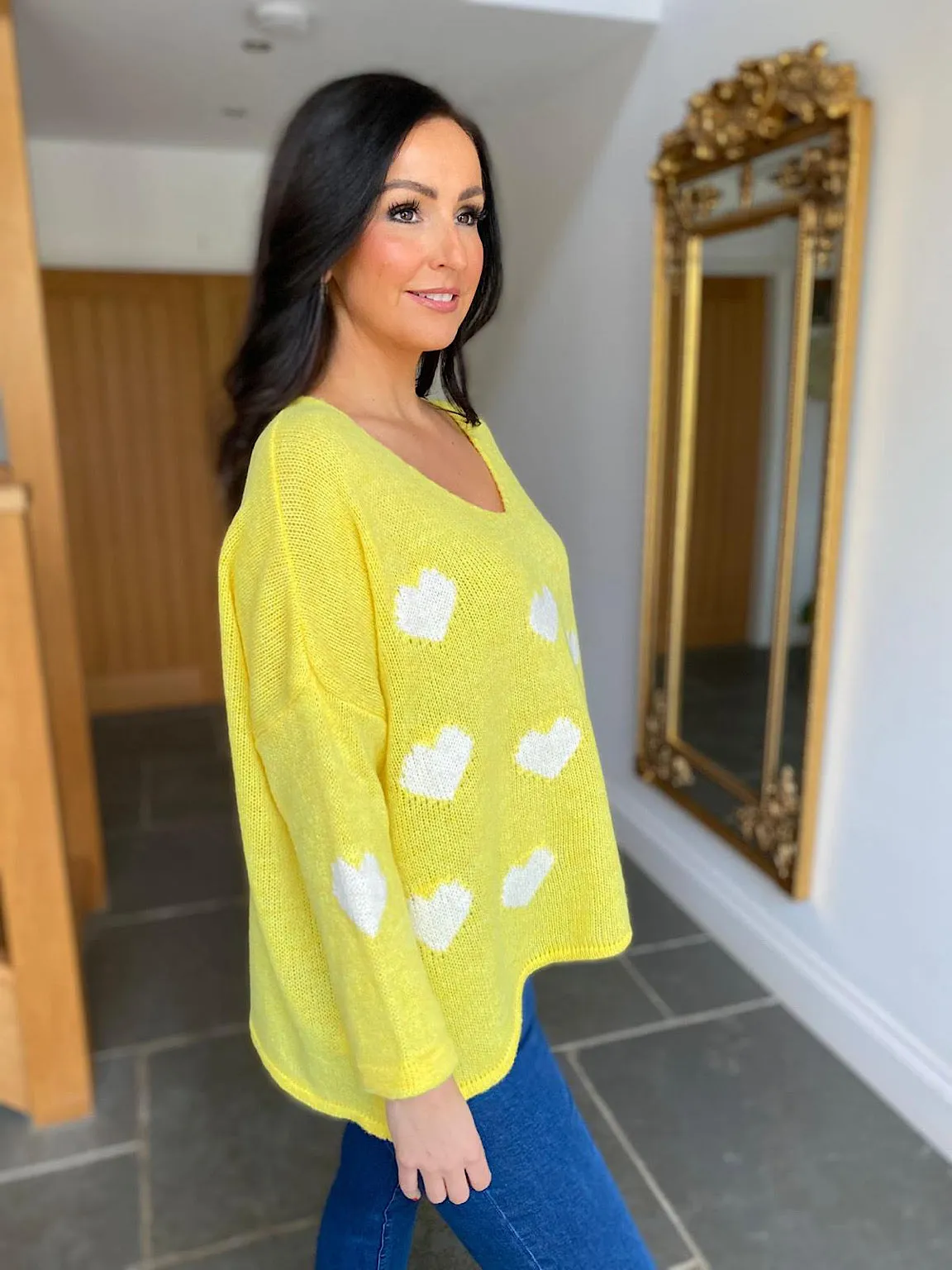 Yellow V Neck Multi Heart Knit Kerry